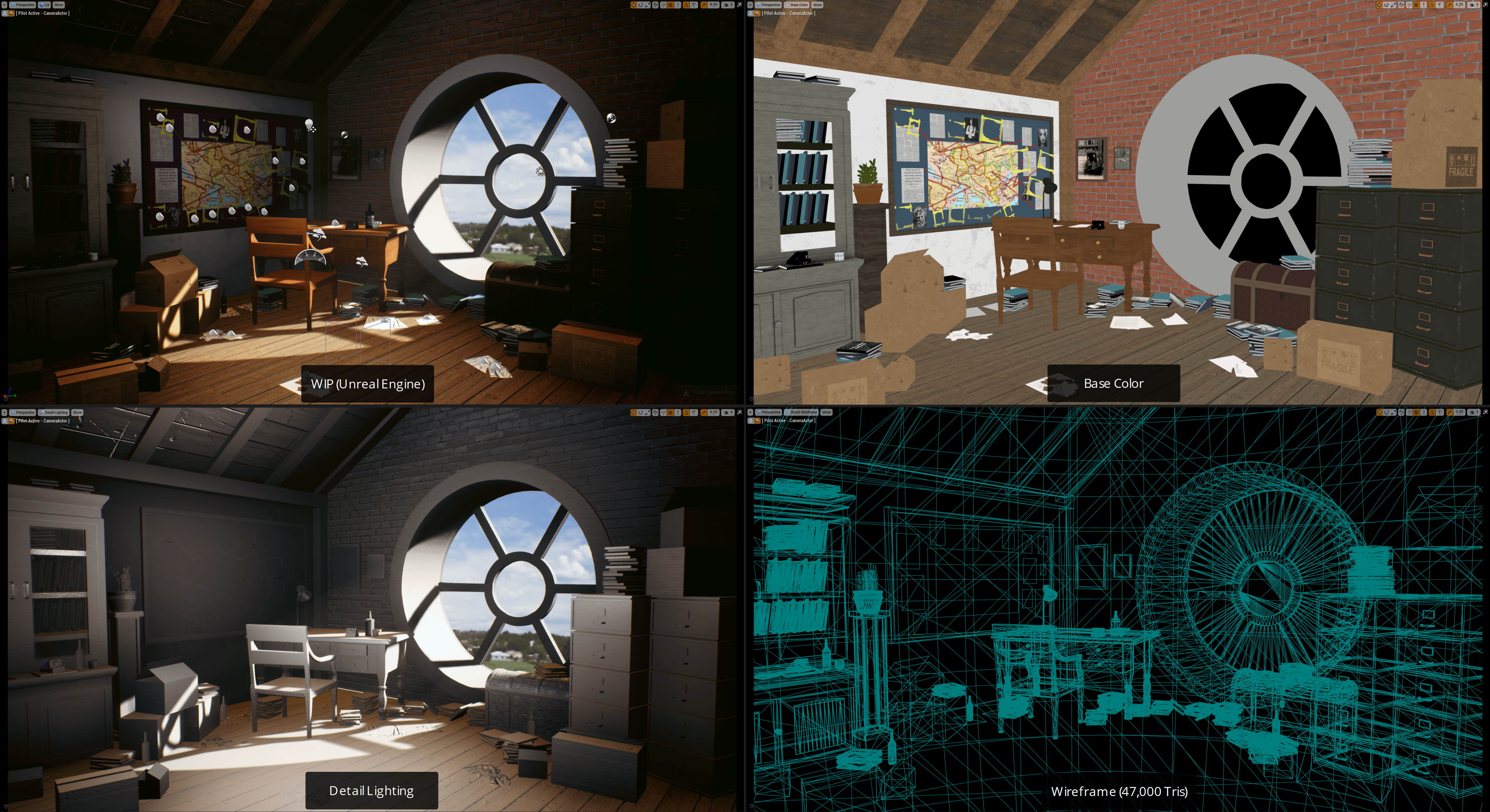 Four render passes of Defamed Detective showing WIP, Base Color, Detail Lighting, and Wireframe at 47,000 triangles.